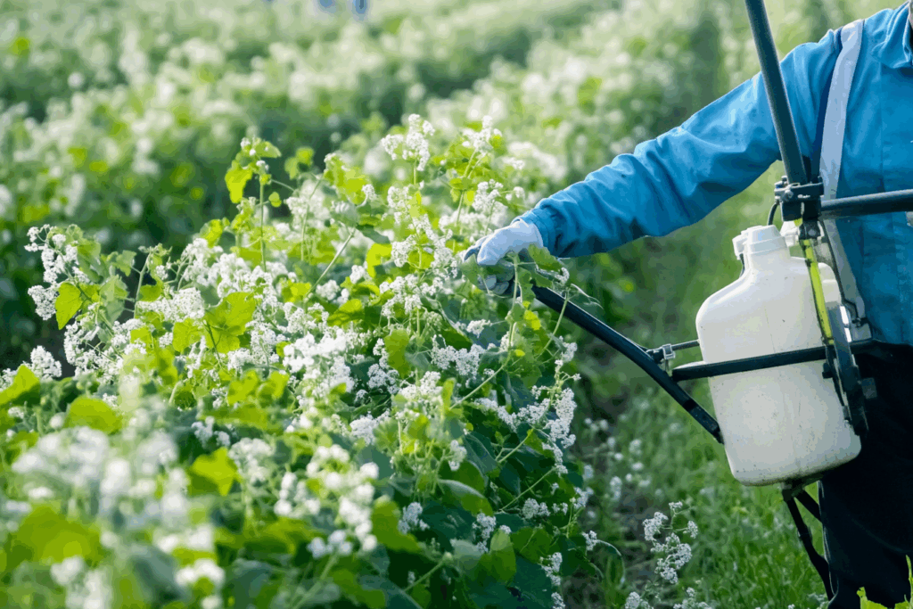 "Farmer applying pesticides on crops with a backpack sprayer in a green field, ensuring plant protection and agricultural sustainability.